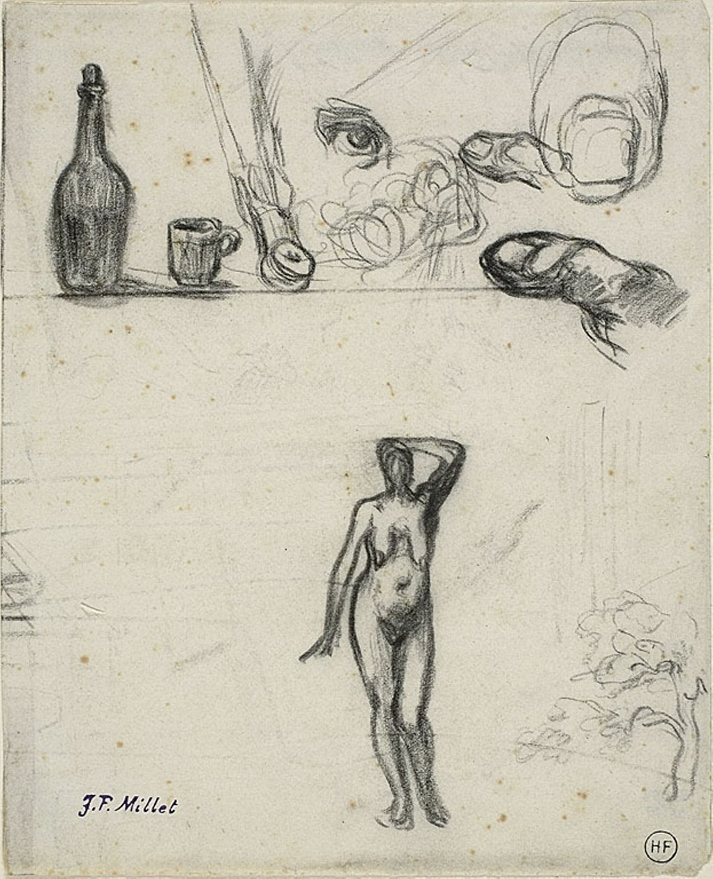 List náčrtů: Stojící ženský akt, strom, zátiší, prsty a oko od Jean Francois Millet