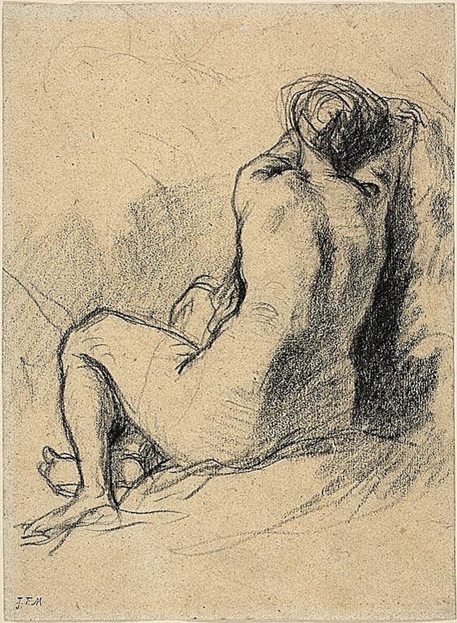 Studie: Studie: Akt ženy při pohledu zezadu (recto) Skicy rolníků při práci (verso) od Jean Francois Millet