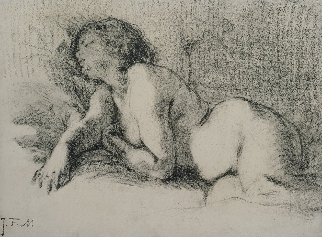 Studie ležícího ženského aktu (uhl na papíře) od Jean Francois Millet