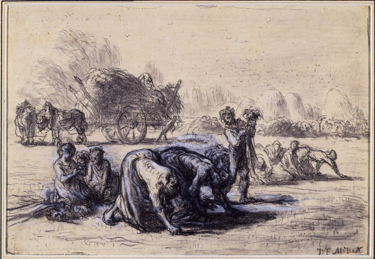 Měsíc srpna: The Gleaners, cca 1851-52 (černobílý pastel na papíře) od Jean Francois Millet