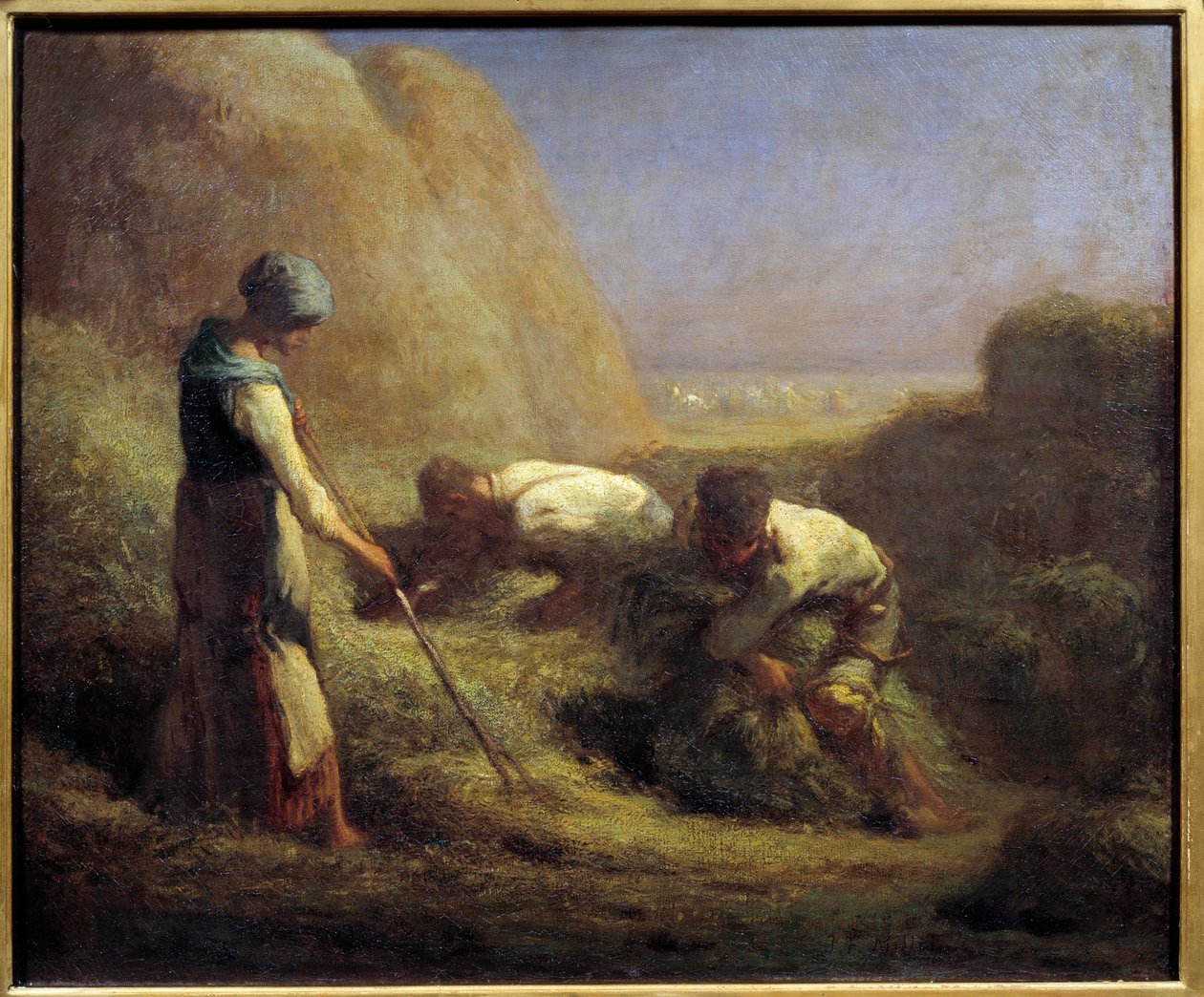 Vodáci se senem. Sedláci tvoří boty z právě posekaného sena. Obraz Jeana Francoise Milleta (1814-1875) 19. století Sun. 0,54x0,65 m od Jean Francois Millet