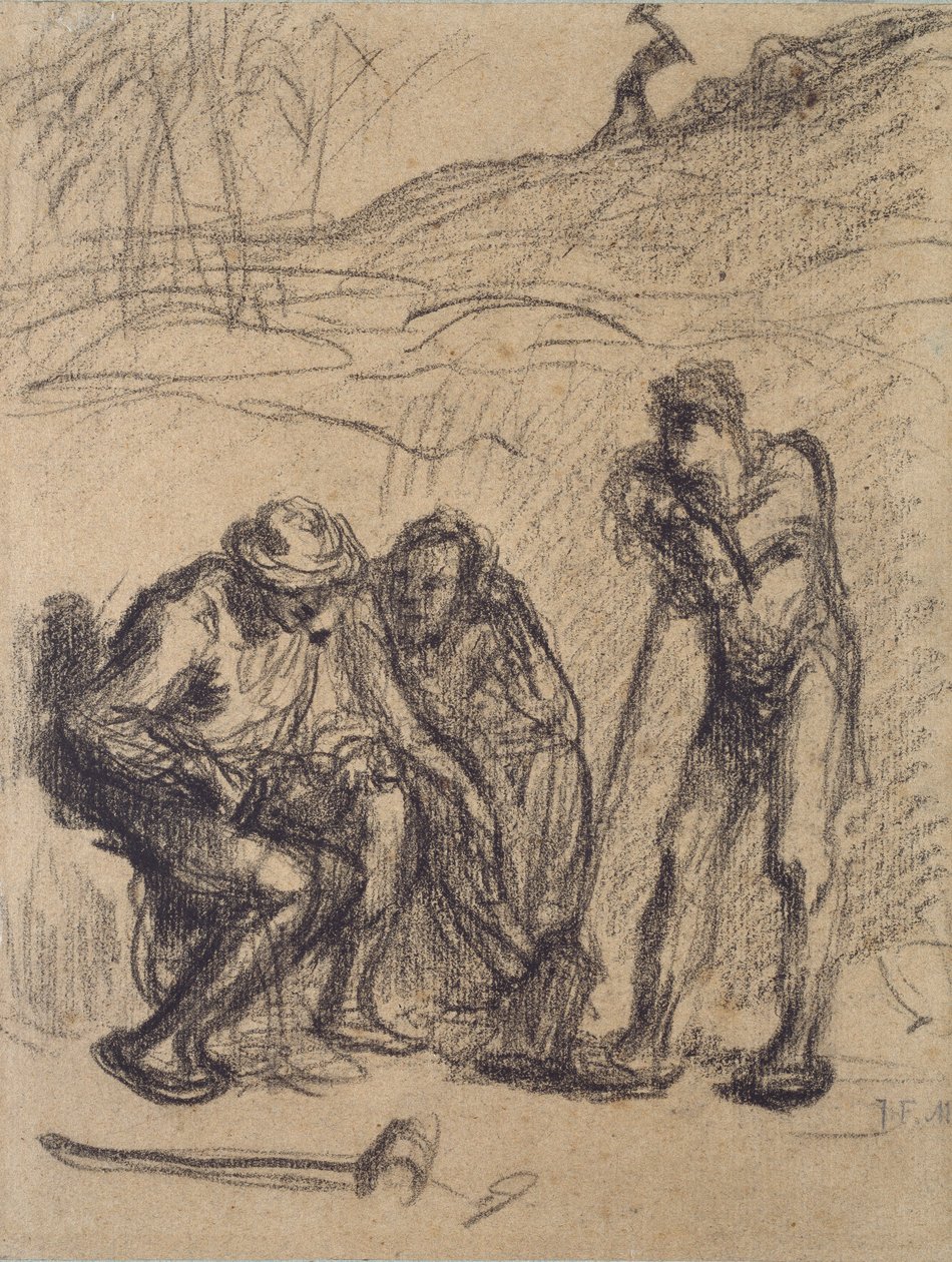 Tři sedláci odpočívají, jeden se opírá o rýč, c1850-1851 od Jean Francois Millet