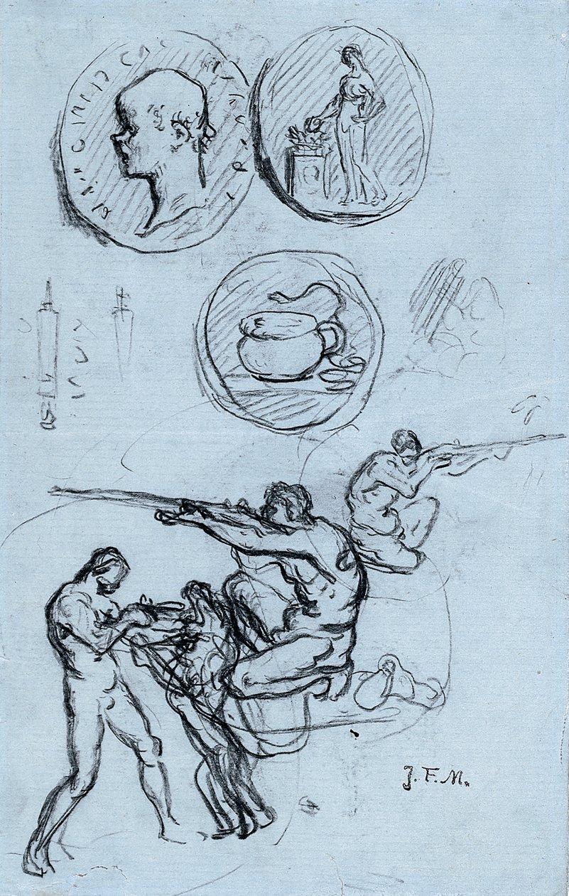 Tři studie pro starožitné mince, lovce a muže se lvem od Jean Francois Millet