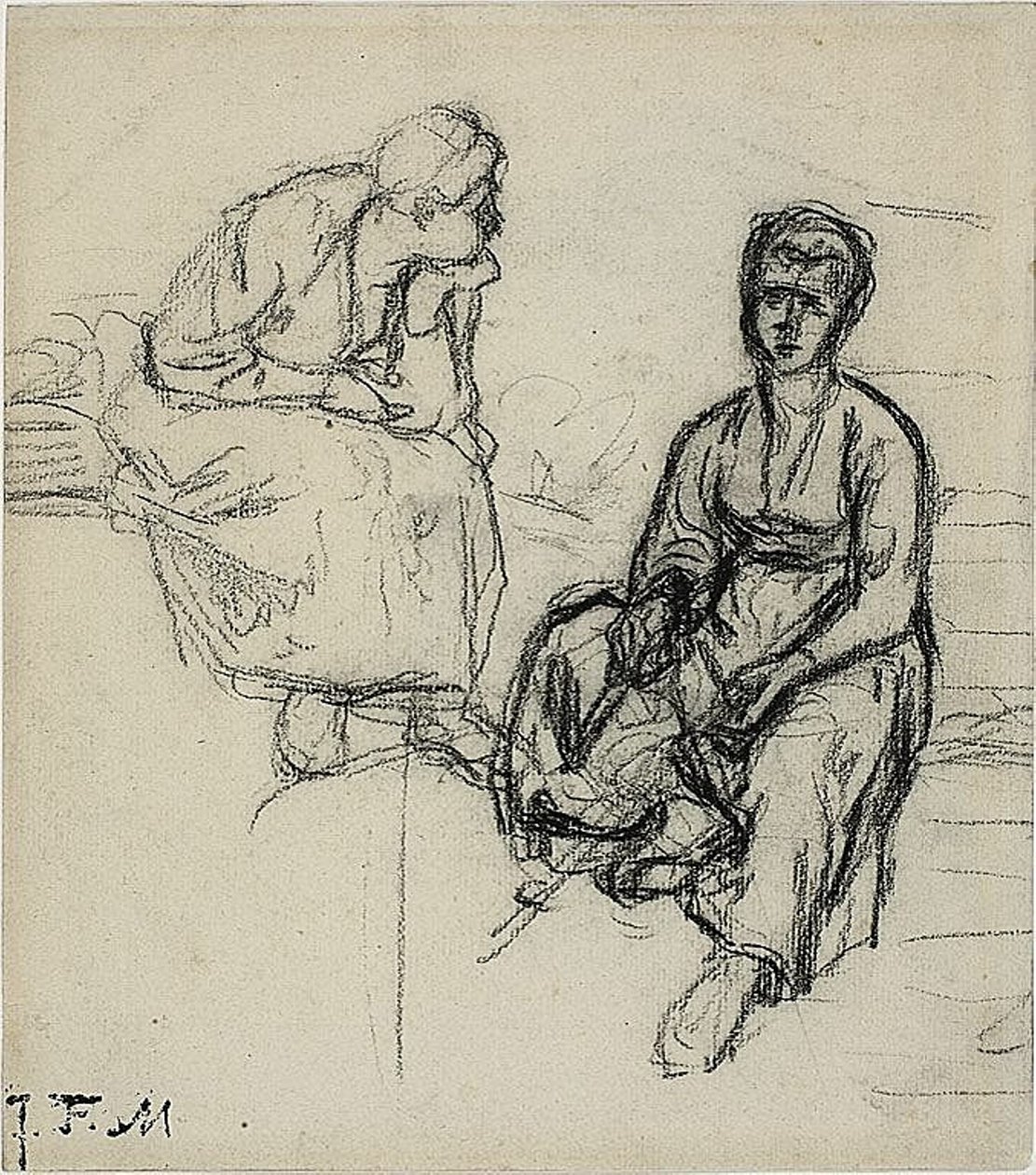 Dvě studie o sedící selce (recto); Studie mladé dívky v klobouku (verze) od Jean Francois Millet
