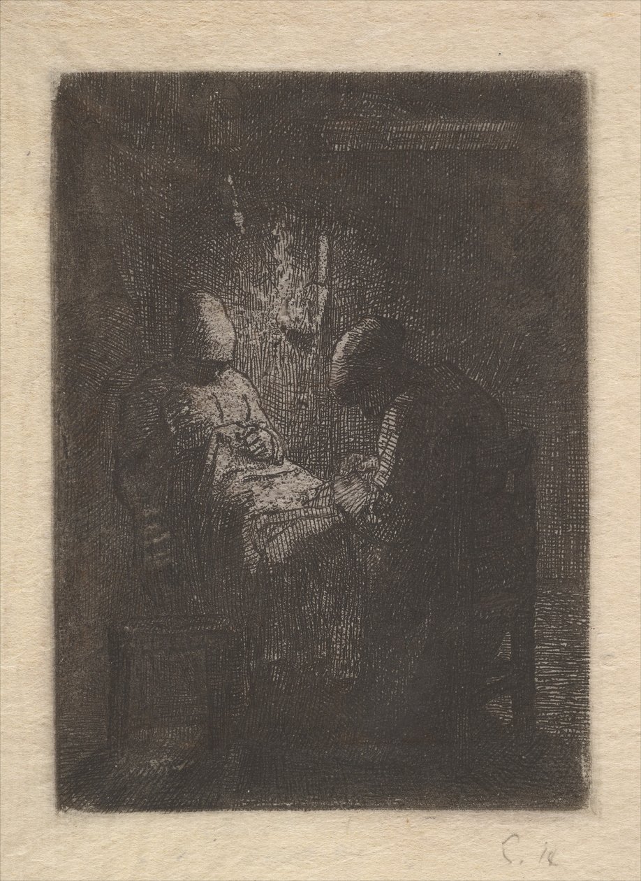 Two Women Sewing by Lamplight, ca. 1853. od Jean Francois Millet