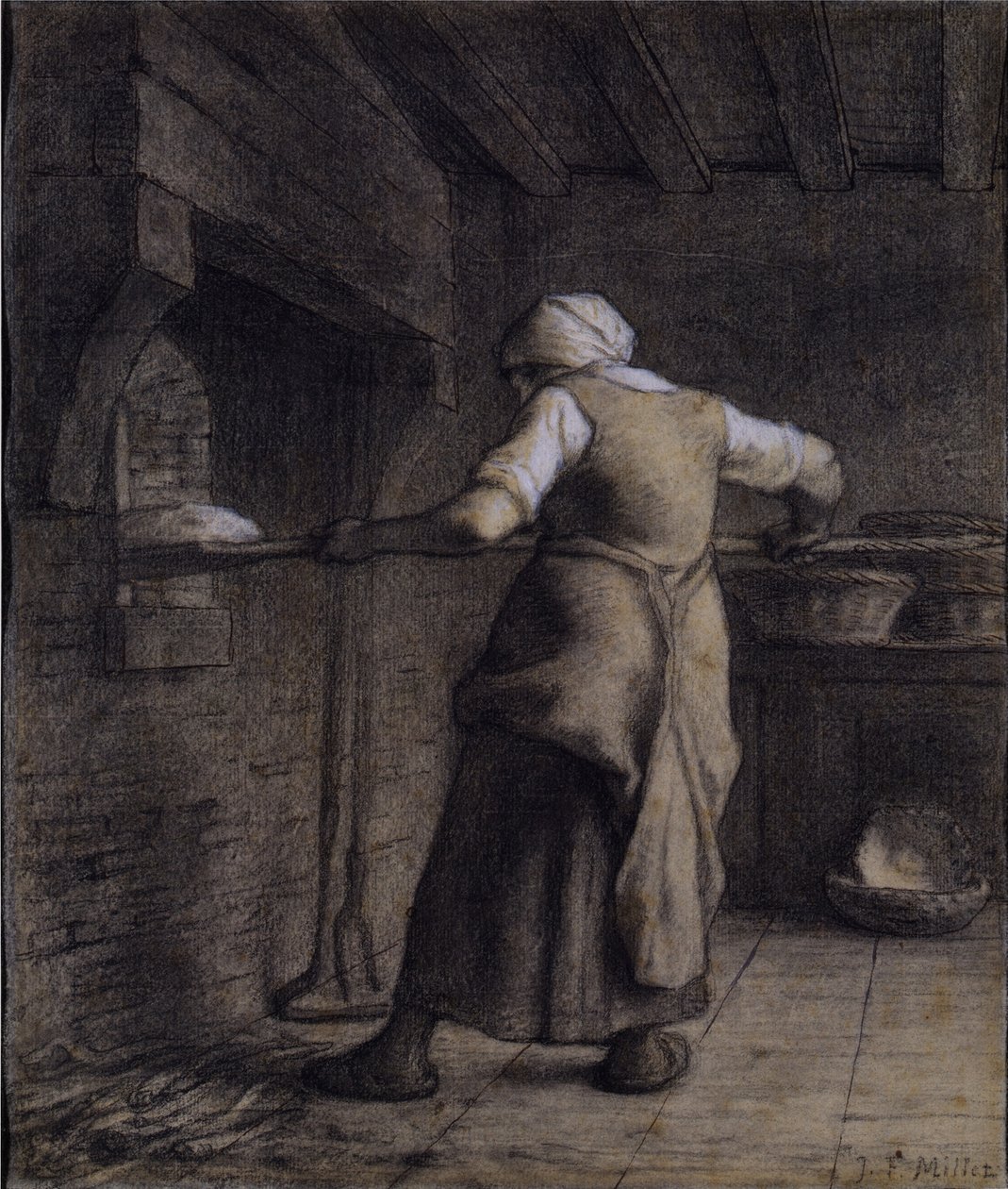 Žena pečící chléb (černá, bílá a hnědá křída na papíře) od Jean Francois Millet