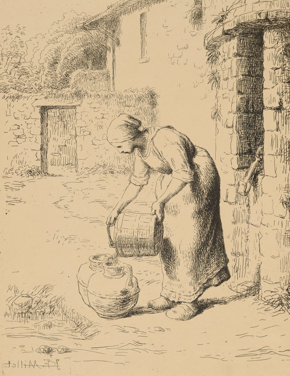 Žena vyprazdňuje kbelík, 1862 (cliché verre) od Jean-Francois Millet