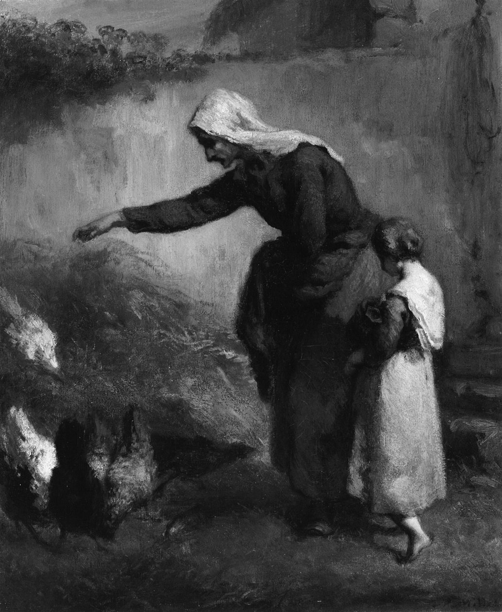 žena krmení kuřat od Jean Francois Millet