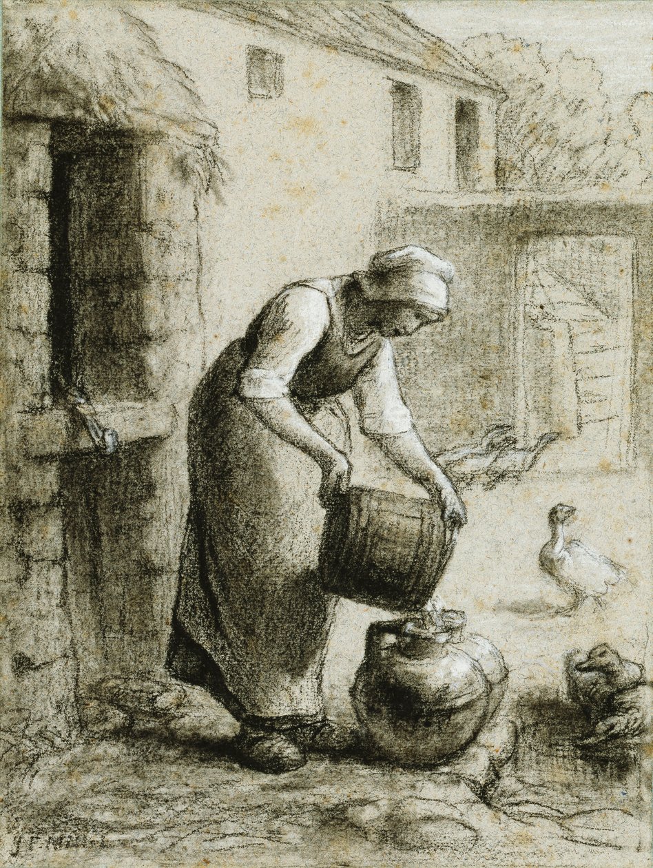 Žena nalévá vodu do plechovek od mléka od Jean Francois Millet