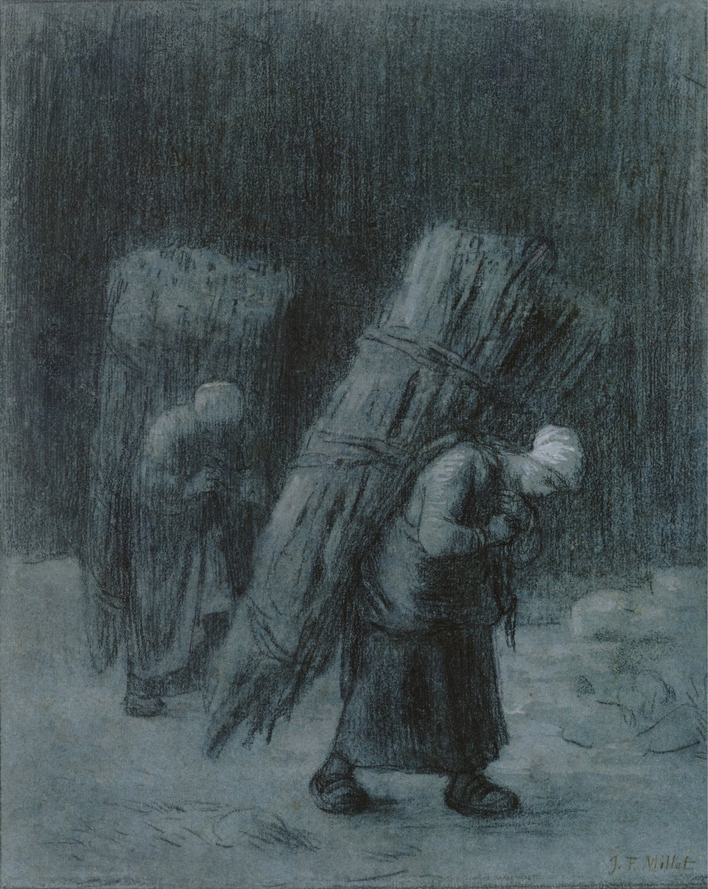 Ženy nesoucí ratolesti, kolem roku 1858 (uhl zvýrazněný bílým kvašem, uhlový okraj, na těžkém šedomodrém papíře) od Jean Francois Millet