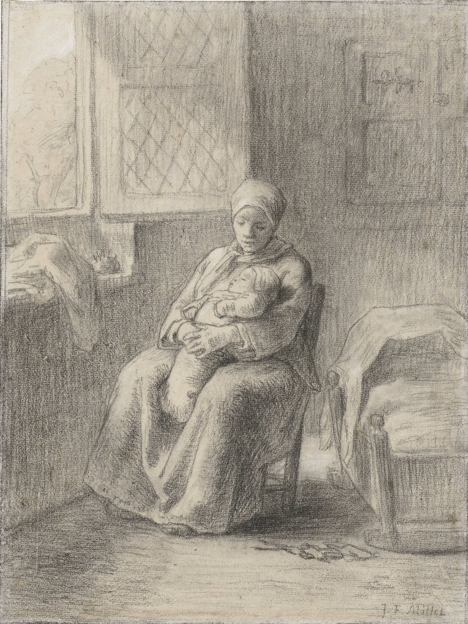 Žena sedí s dítětem u otevřeného okna od Jean Francois Millet