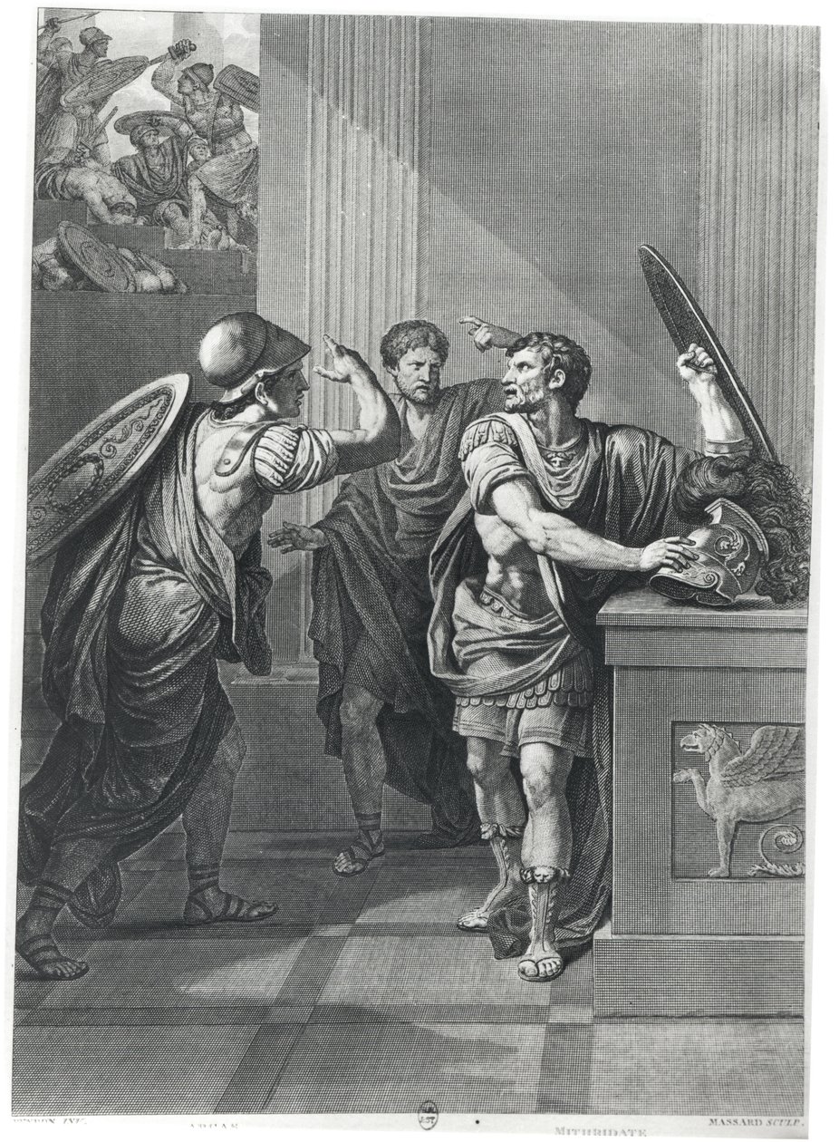 Arcan a Mithridate, ilustrace z ‚Mithridate‘ od Jeana Racina (1639-99) vyrytý Massardem od Jean François Pierre Peyron