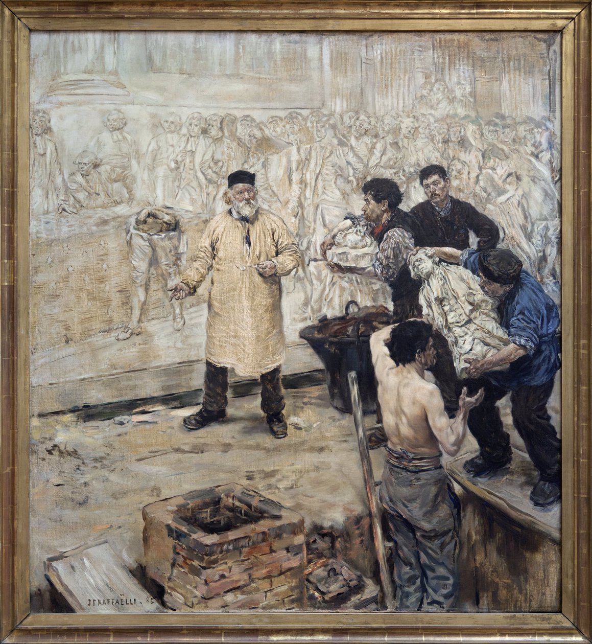 U bruslaře. Olejomalba na plátně Jeana Francoise Raffaelliho (1850-1924), zakladatel Eugene Gonon (1814-1892) připravuje ztracený voskový odlitek velkého reliéfu Julese Daloua (1838-1902) pro Palais Bourbon v Paříži (komora Deputes), sochařství od Jean Francois Raffaelli