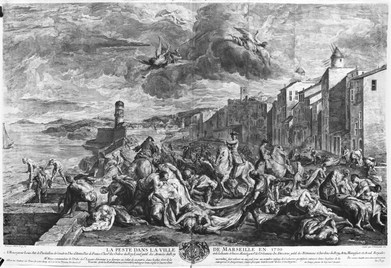 Mor 1720 v Marseille, vyryl Simon Thomassin (1655-1733) 1727 (rytina) (č/b foto) od Jean Francois de (after) Troy