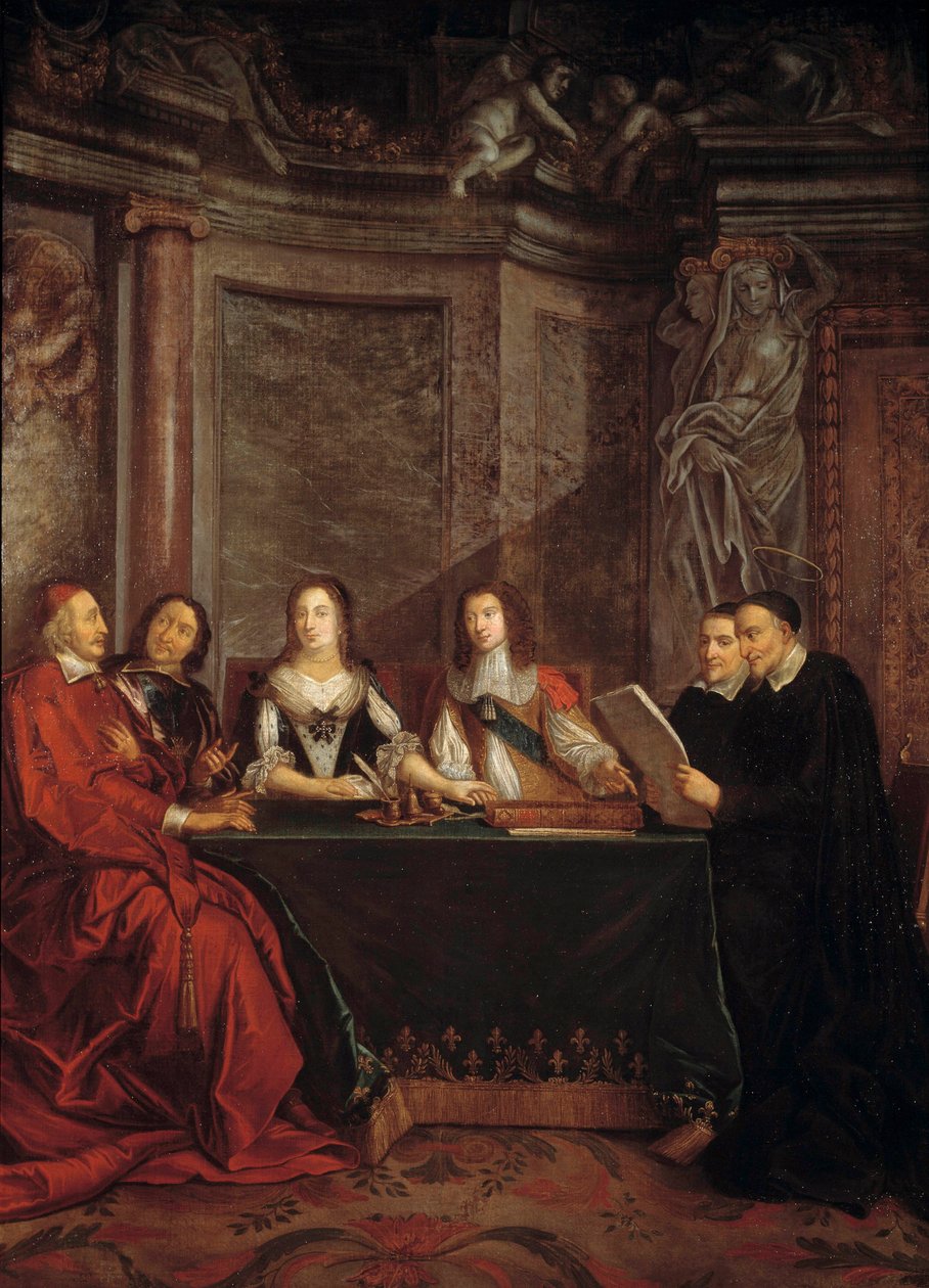 Rada svědomí: Svatý Vincent de Paul, hlava rady svědomí, čtená před kardinálem Julesem Mazarinem (Giulio Raimondo Mazzarino nebo Mazarino) (1602-1661), Pierrem Seguierem (1588-1672), královnou Annou Rakouskou (1601-1666 ) a Ludvík XIV (1638 od Jean François de Troy