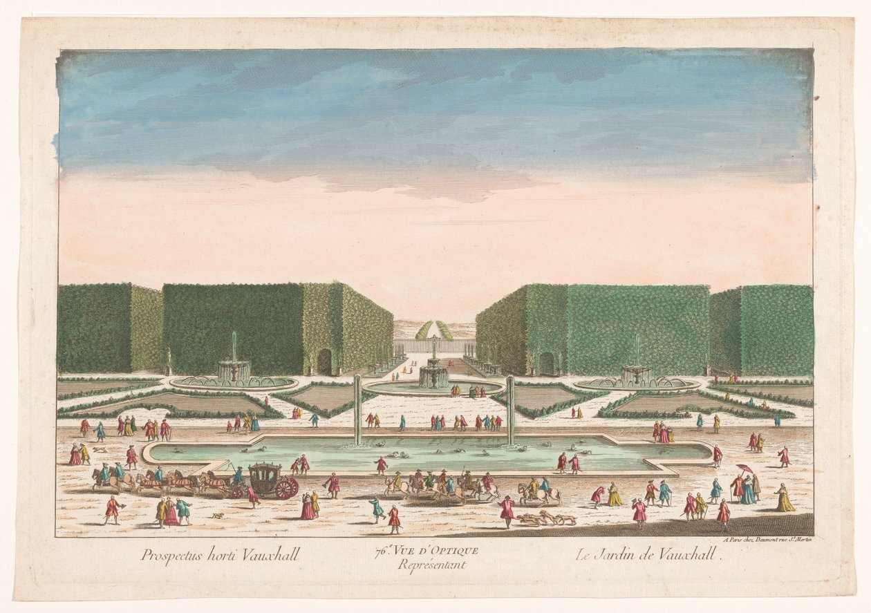 Gezicht op Vauxhall Gardens v Londýně 76. Optický pohled představující Vauxhall Garden (název na objektu) od Jean François Daumont