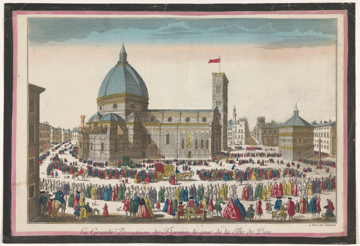 Pohled na Duomo ve Florencii s průvodem na Corpus Christi La grande procession de Florence, le jour de la fête de Dieu (název na předmětu) od Jean François Daumont