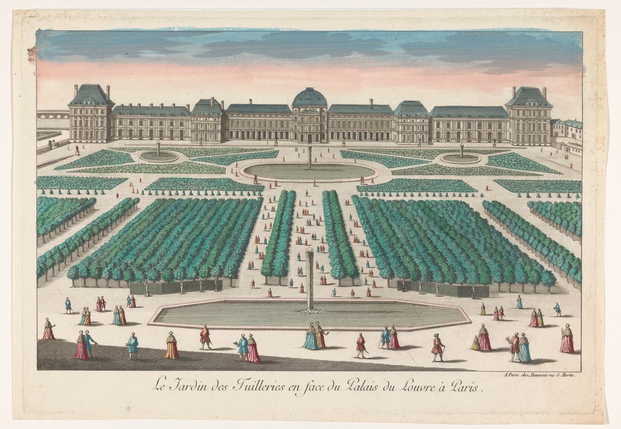 Pohled na Jardin des Tuileries v Paříži směrem k Palais du Louvre Le Jardin des Tuilleries en face du Palais du Louvre à Paris (název na objektu) od Jean François Daumont
