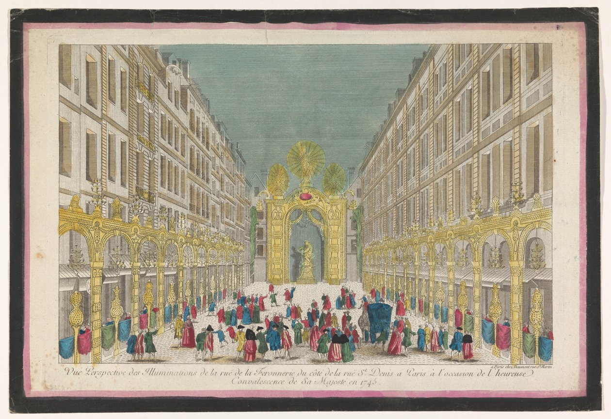 Pohled na výzdobu Rue de la Feronnerie v Paříži u příležitosti restaurování Ludvíka XV., krále Francie, v roce 1745 Vue perspective des illuminations de la Ruë de la Feronnerie du côté de la Ruë St. Denis a Paris (...) (název na o od Jean François Daumont