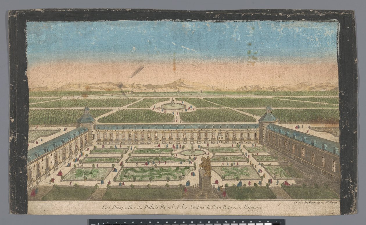 Pohled do zahrady a na Palacio del Buen Retiro v Madridu Vüe ​​​​perspective du Palais Royal et des Jardins du Buen Retiro, en Espagne (název na objektu) od Jean François Daumont