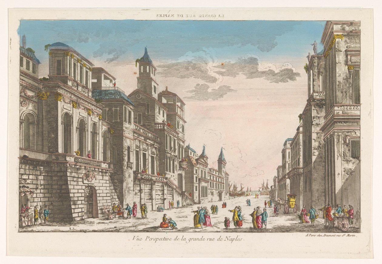 Pohled na ulici směrem k moři v Neapoli La grande rue de Naples (název na objektu) od Jean François Daumont