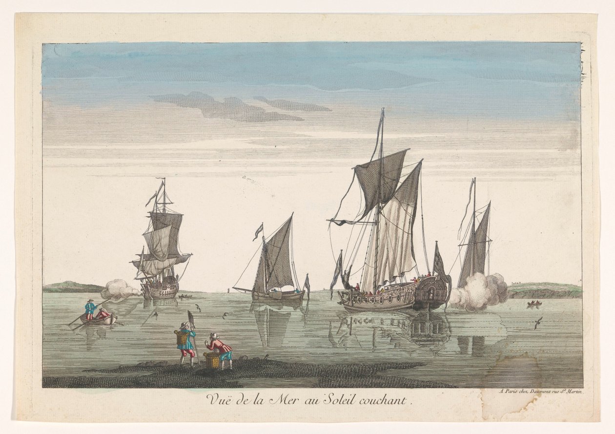 Krajina s loděmi a čluny při západu slunce Vue de la mer au soleil couchant (název na objektu) od Jean François Daumont