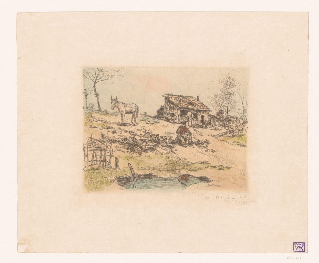 Krajina s mužem a oslem na chatě La cabane du chiffonnier od Jean François Raffaëlli (signed by artist)