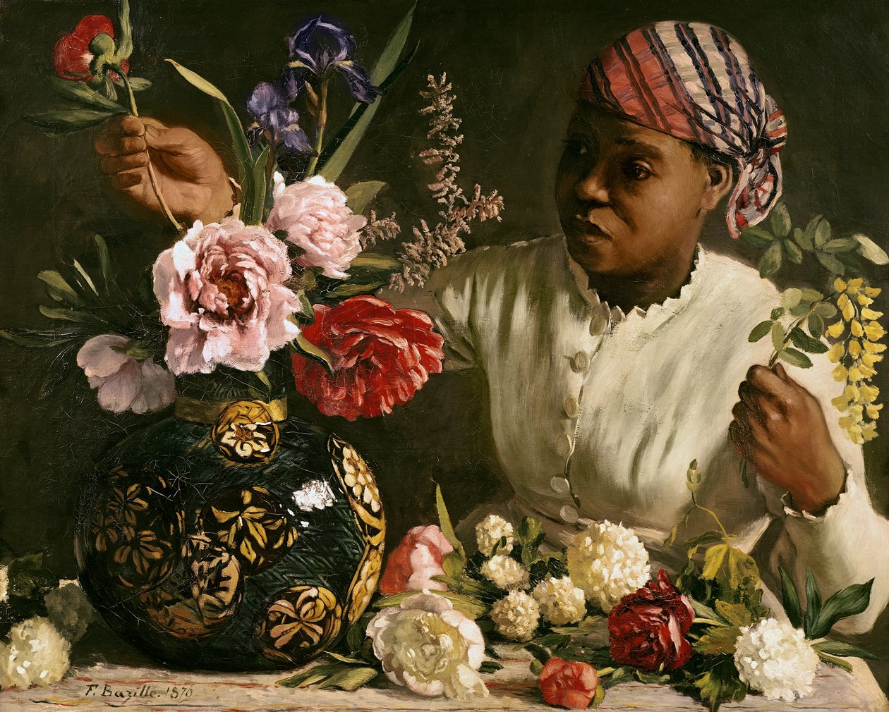 Musta nainen pionien kanssa, 1870 od Jean Frederic Bazille