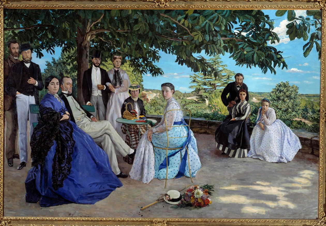 Rodinné setkání: portrét francouzské buržoazní rodiny shromážděné v zahradě. Zleva doprava: Jean Frederic Bazille, jeho strýc Monsieur des Hours, jeho matka a otec, jeho sestřenice Pauline a její manžel Monsieur Teulon, jeho teta Madame des Hours a od Jean Frederic Bazille