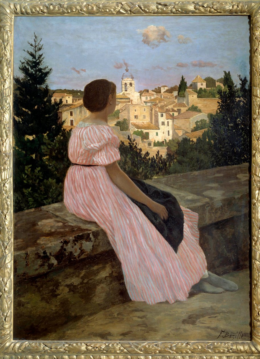 Růžové šaty nebo Pohled na Castelnau le Lez (neboli Castelnau-le-Lez, Herault). Portrét umělcovy neteře Therese des Hours. Obraz Jean Frederic Bazille (1841-1870) 1864 Ne. 1,4x1,1m. Olej na plátně. Paříž, musee d