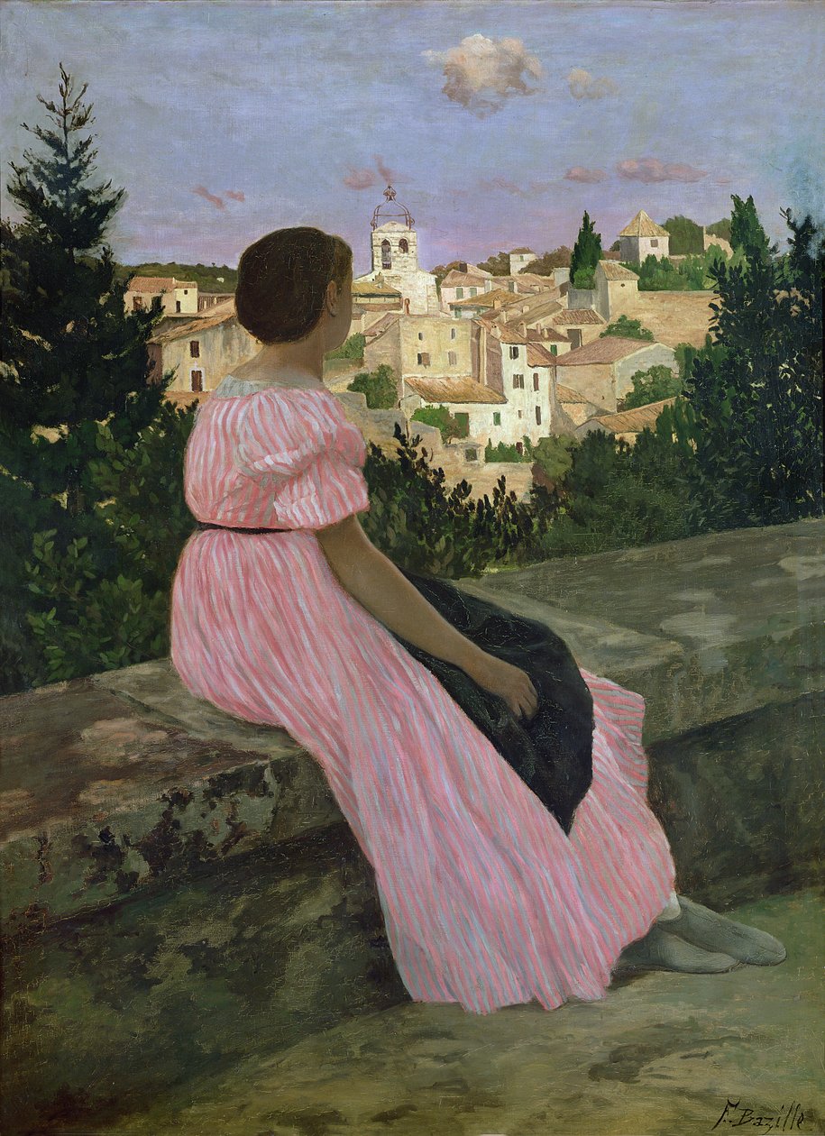 Růžové šaty nebo pohled na Castelnau-le-Lez, Herault, 1864 od Jean Frederic Bazille