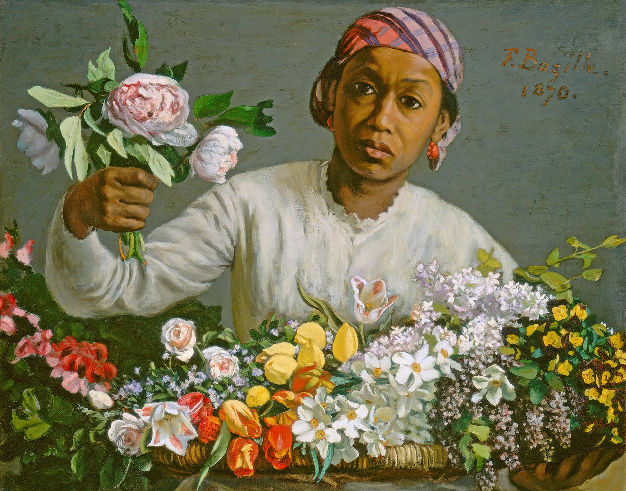 Mladá žena s pivoňkami, 1870 od Jean Frederic Bazille