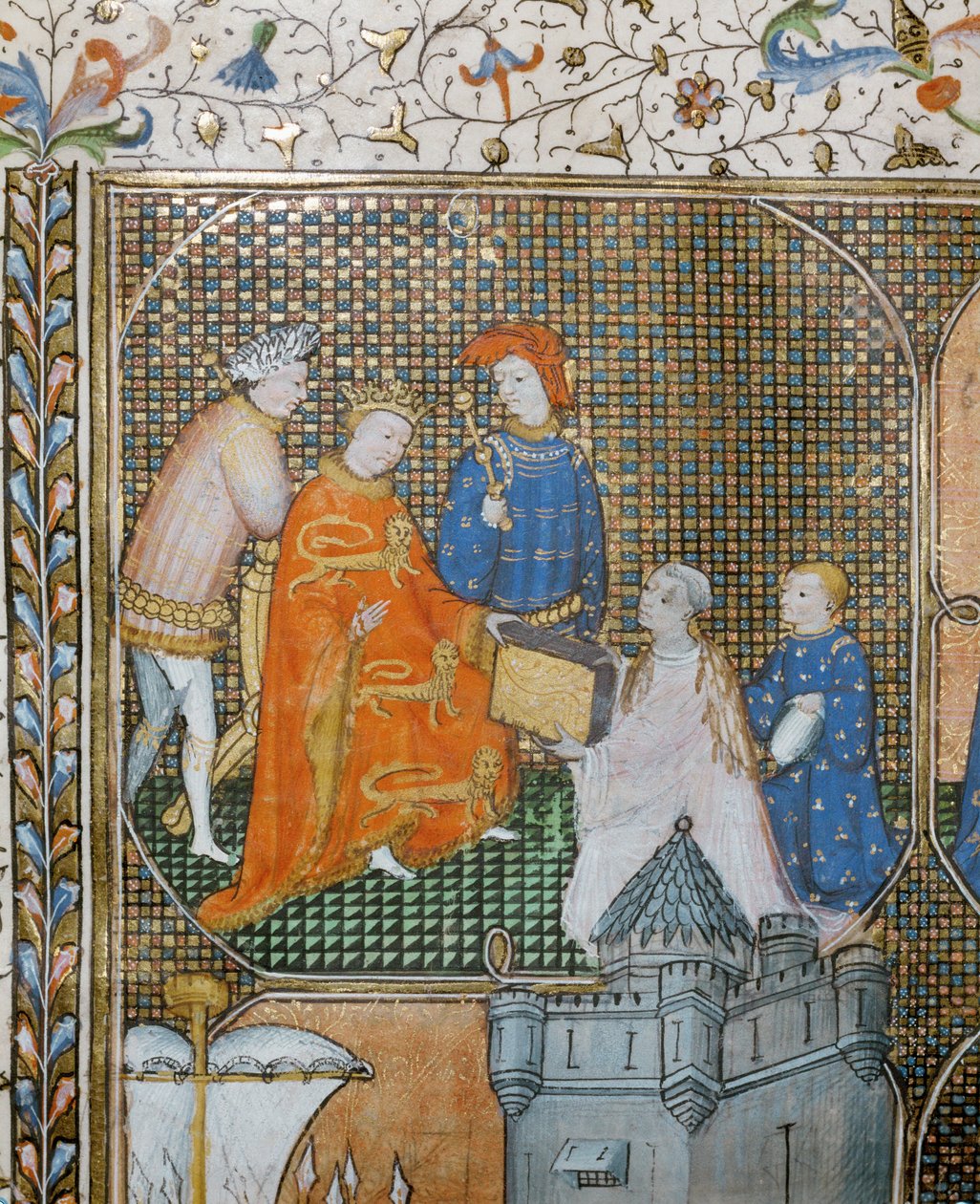 Historik Froissart na kolenou, oděný v kněžském rouchu, předkládá Eduardu III. svou Kroniku stoleté války ... od Jean Froissart