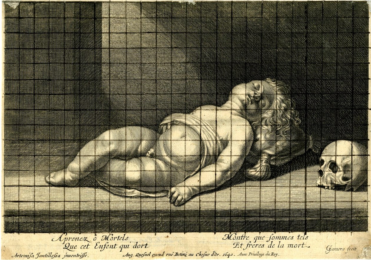 Jean Ganière - Spící dítě s hlavou položenou na polštáři; lebka vpravo. 1640 od Jean Ganière