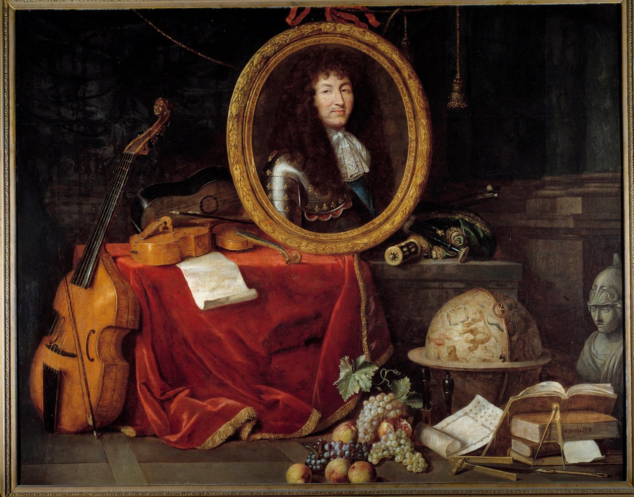 Portrét francouzského krále Ludvíka XIV. (1638-1715), ochránce umění a věd Portrét krále je obklopen hudebními nástroji (viola de gamba, houslová kytara) a vědeckými nástroji (čtverec, nebeský glóbus, kompas). Obraz Jean Ga od Jean Garnier
