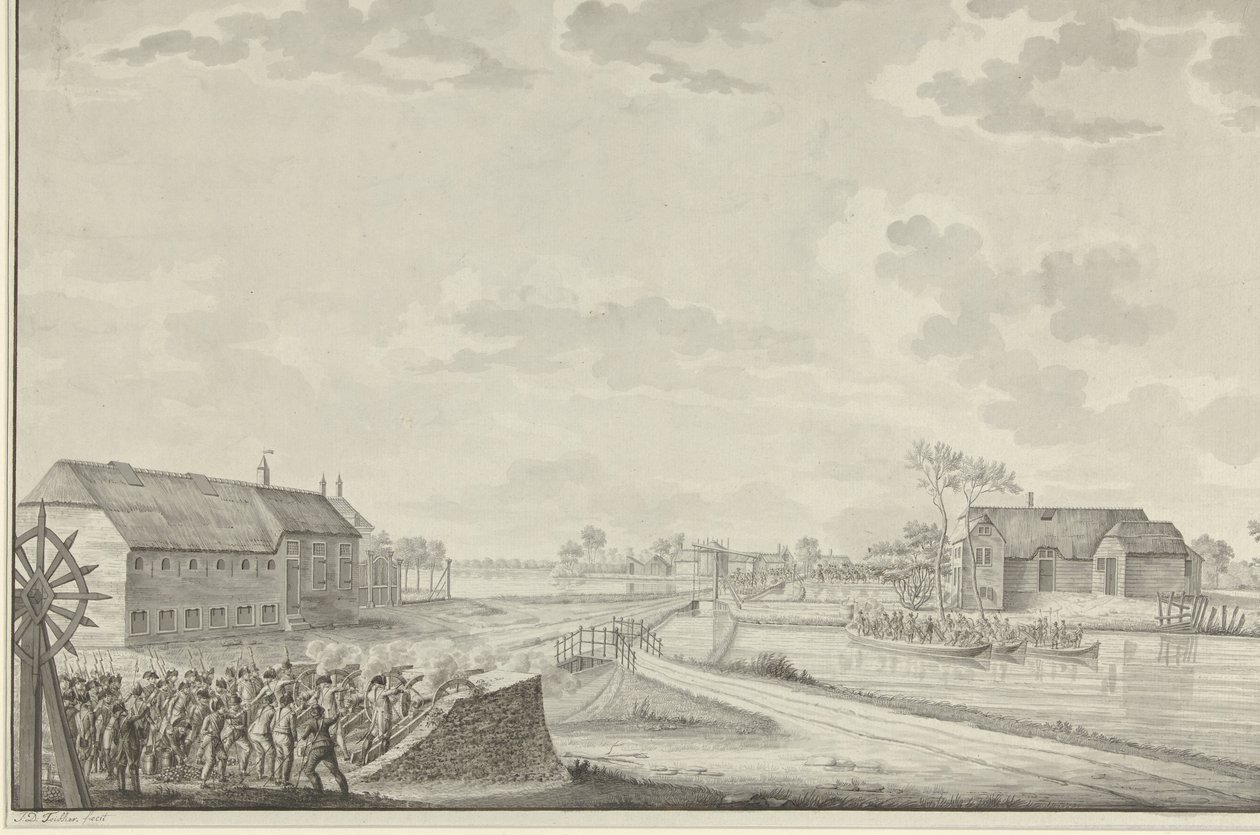 Útok Prusů pod vedením plukovníka Van Brushe na most Duivendrecht, 1. října 1787 od Jean George Teissier (signed by artist)