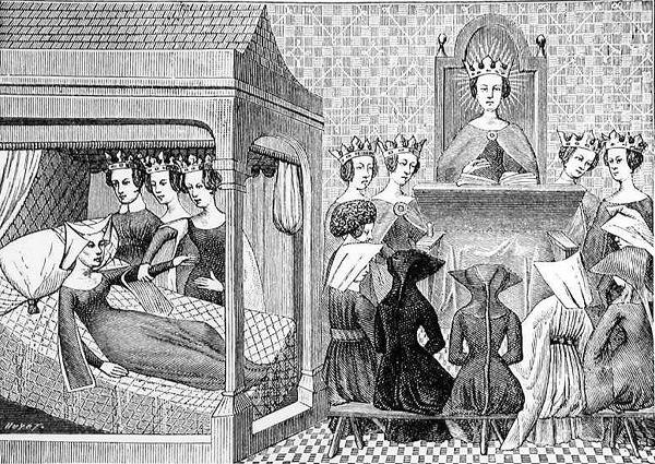 Tři ctnosti, rozum, upřímnost a spravedlnost nabádají Christinu de Pisan (asi 1364-1410), aby napsala Knihu etiky pro poučení dam, ilustrace z Science and Literature in the Middl od Jean Georges after Huyot