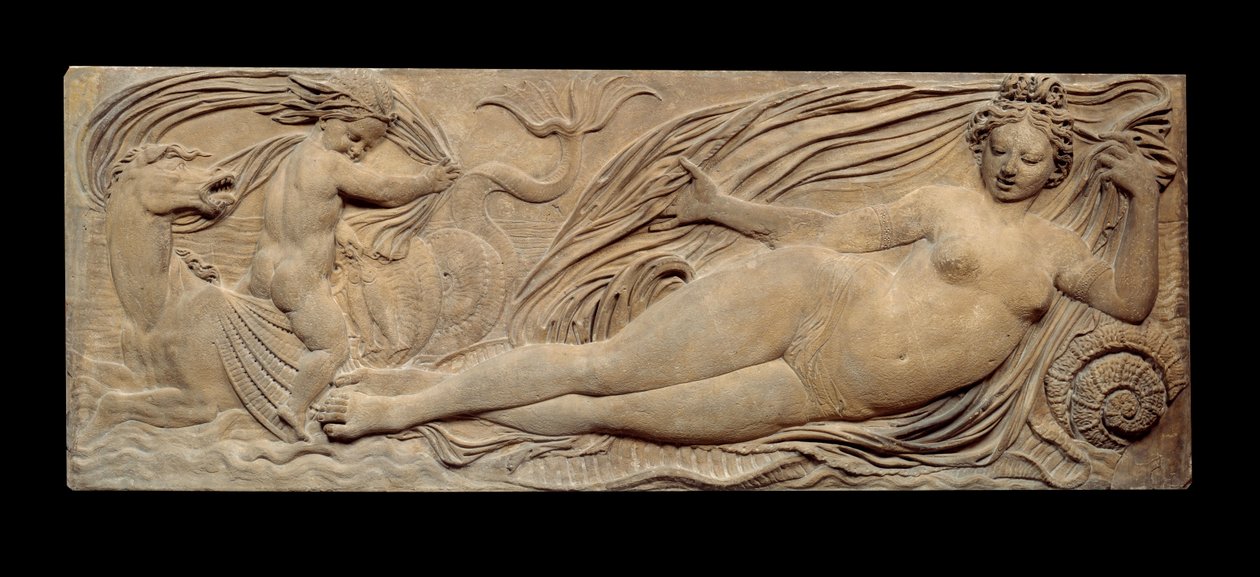 Nymfa a malý džin jezdí na mořském koni; Nymph a Triton obklopeni dvěma malými džiny. Nízká úleva. Kamenná socha od Jeana Goujona (1510-1567) od Jean Goujon