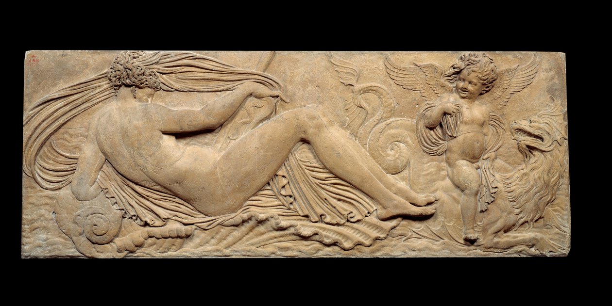 Nymfa a malý džin jezdí na mořském koni; Nymph a Triton obklopeni dvěma malými džiny. Nízká úleva. Kamenná socha od Jeana Goujona (1510-1567) od Jean Goujon