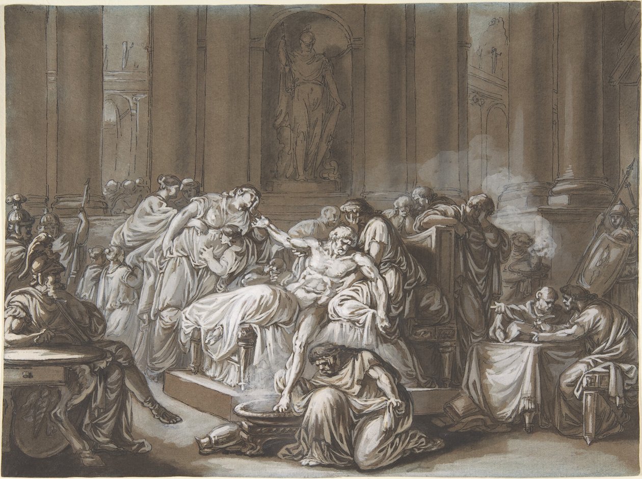 The Death of Seneca (pero a černý inkoust, štětec a hnědé mytí, zvýrazněné bílým kvašem na modrém papíře) od Jean Guillaume Moitte