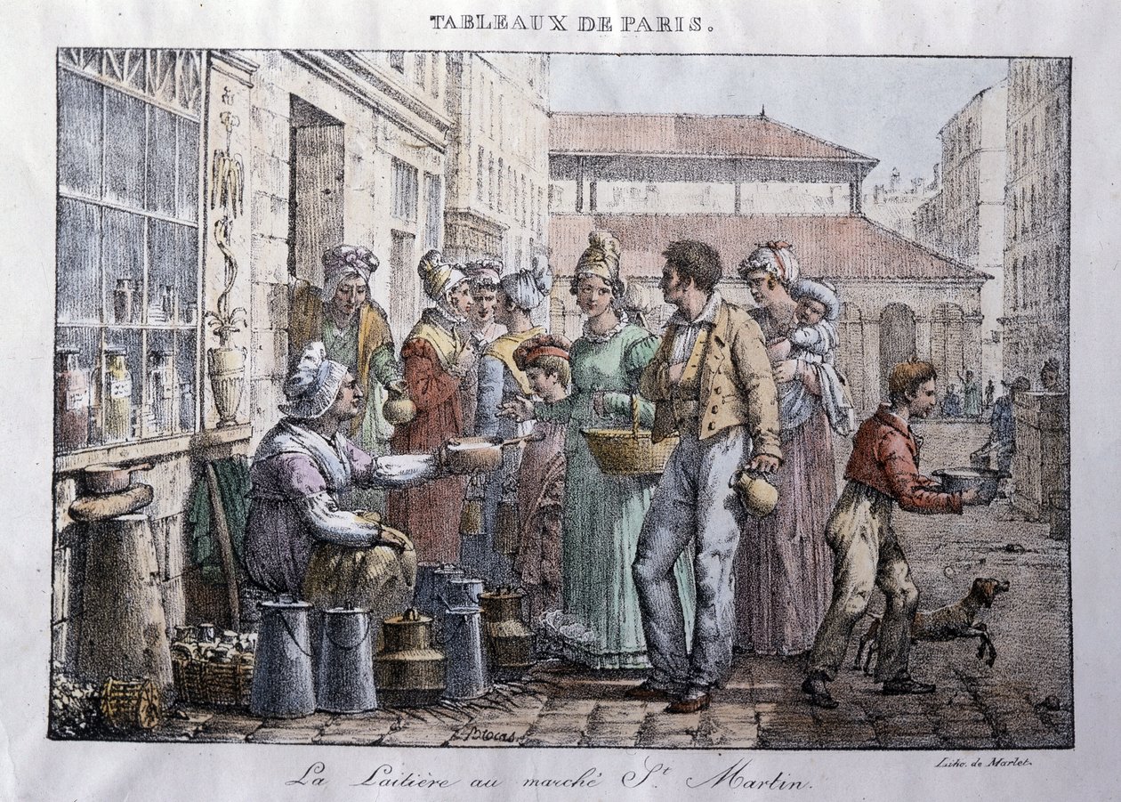 Starý obchod v ulicích Paříže: Dojička trhu Saint Martin (Saint-Martin) - rytina Jeana Henryho Marleta (1771-1847) v „“Les Tableaux de Paris“, série 72 tisků, konec 19. století od Jean Henri Marlet