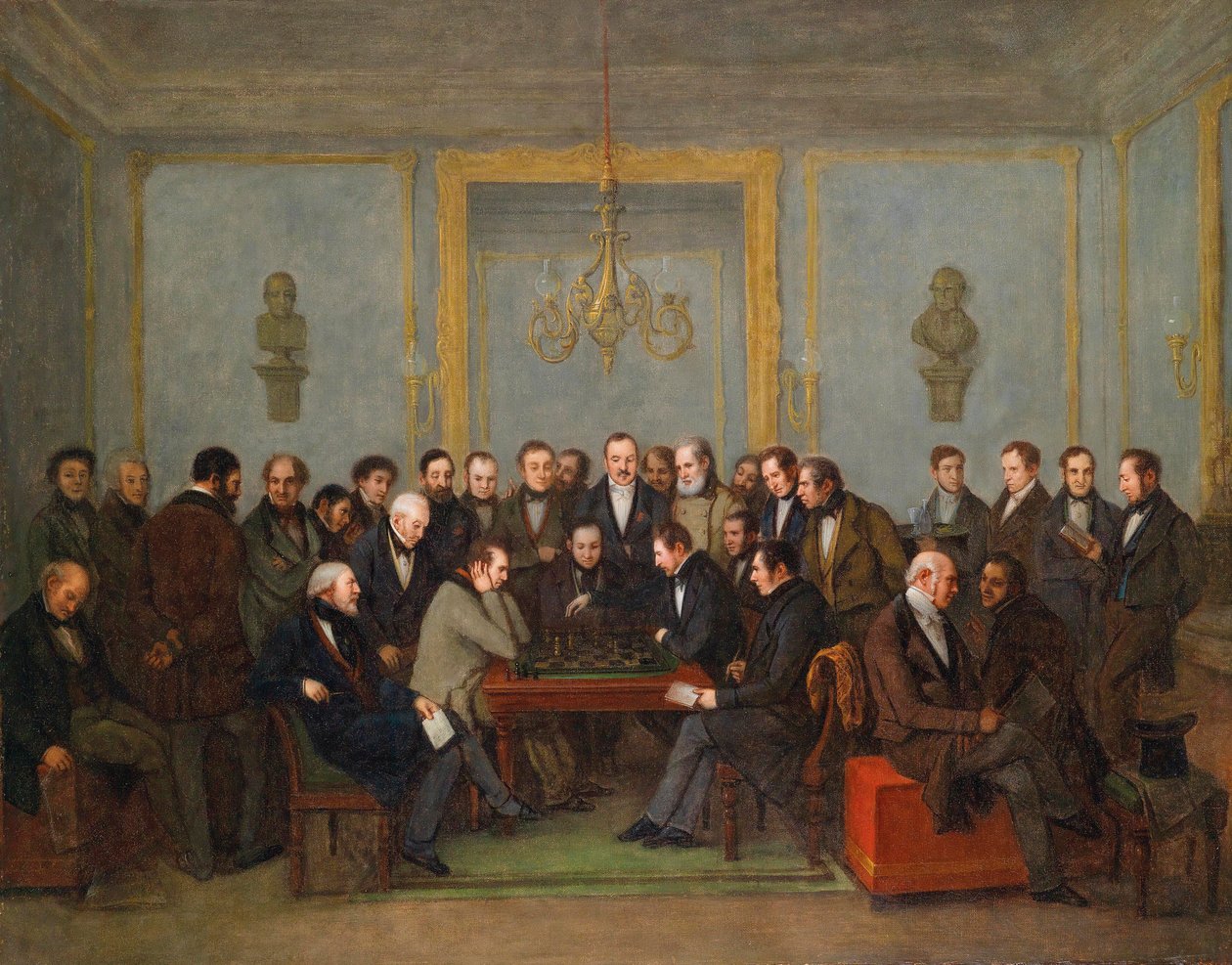 Epický šachový zápas mezi Pierrem Saint Amantem a Howardem Stauntonem v roce 1843) Peinture de Jean Henri Marlet (1771-1847) 1843 - Olej na plátně Rozměr 71x91,5 cm Soukromá sbírka od Jean Henri Marlet
