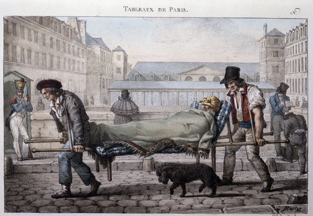 Bývalý pouliční metier v Paříži: nebohý pacient vede do nemocnice na nosítkách. Rytina Jeana Henryho Marleta (1771-1847) v „“Les Tableaux de Paris“, série 72 tisků, konec 19. století. od Jean Henri Marlet