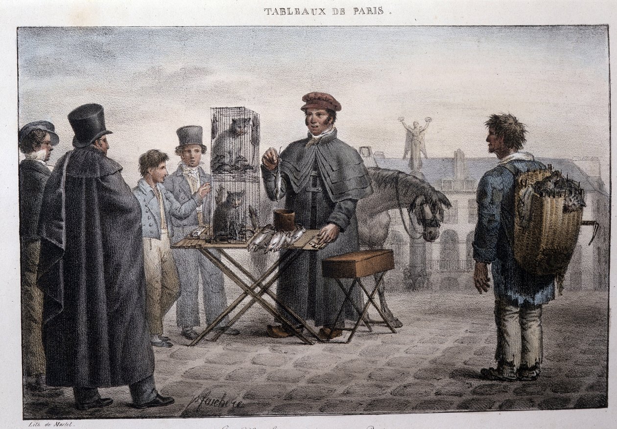 Bývalý pouliční metier v Paříži: obchodník se smrtí krys (kamelot). Rytina Jeana Henryho Marleta (1771-1847) v „“Les Tableaux de Paris“, série 72 tisků, konec 19. století. od Jean Henri Marlet