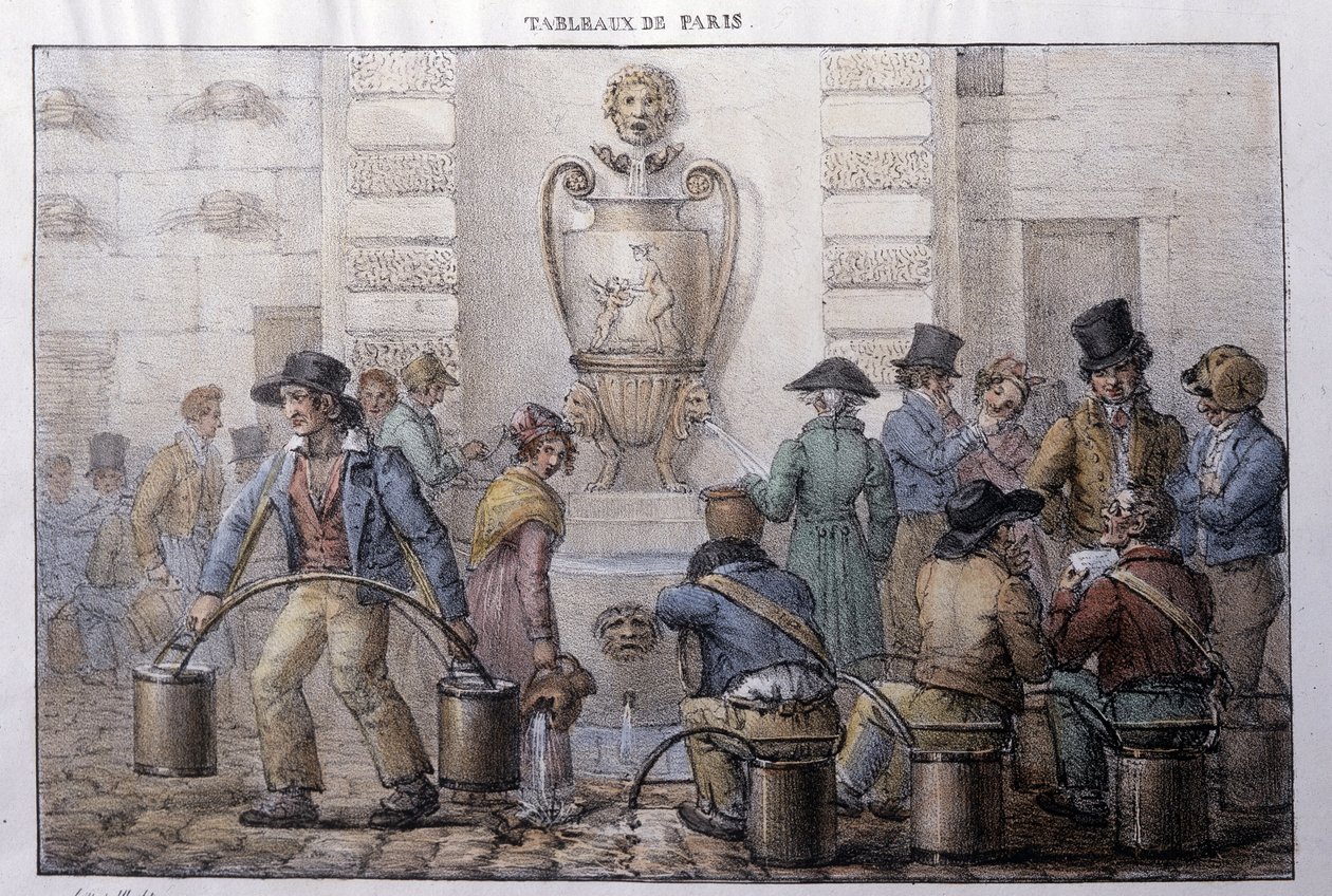 Bývalý pouliční metier v Paříži: nosič vody před fontánou. Rytina Jeana Henryho Marleta (1771-1847) v „“Les Tableaux de Paris“, série 72 tisků, konec 19. století. od Jean Henri Marlet