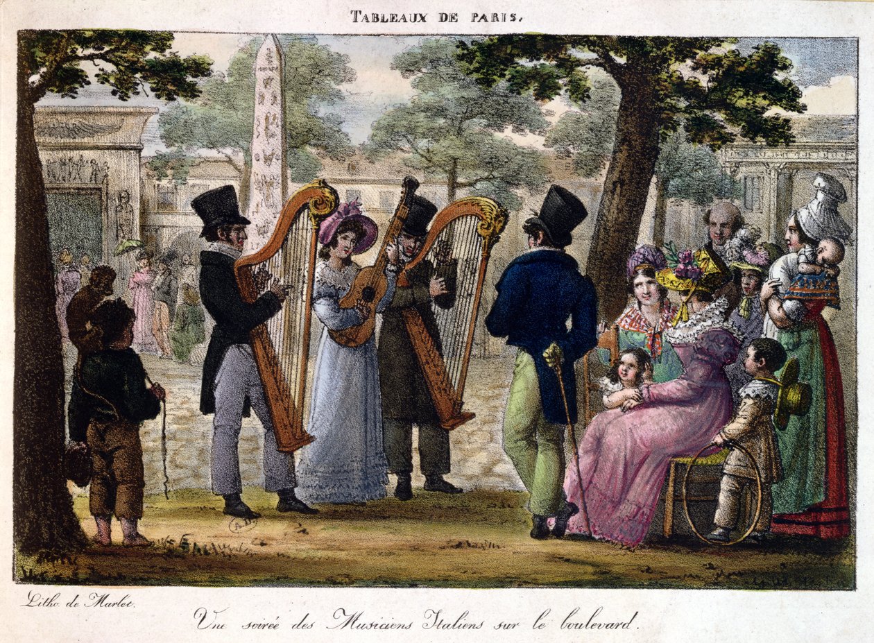 Italští hudebníci hrající na pařížském bulváru, z knihy "Tableaux de Paris", cca 1820 od Jean Henri Marlet