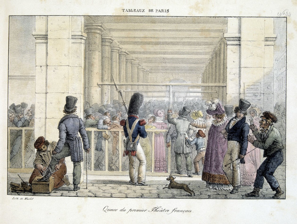 Queue au Premier Theater Français, - litografie od Marlet, v „“ Tableaux de Paris““ od Jean Henri Marlet