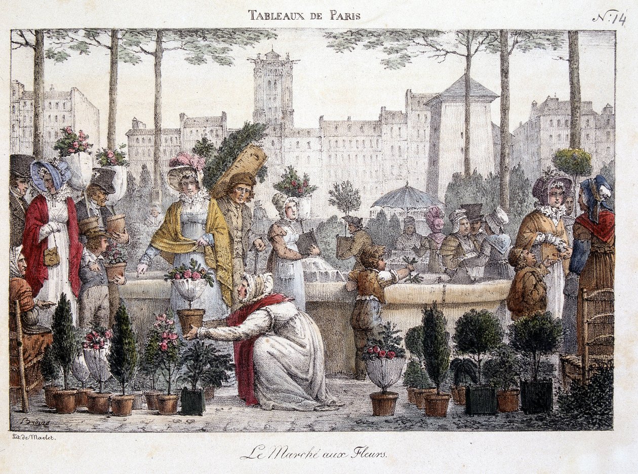 Květinový trh - litografie od Brocas od Jean Henri Marlet