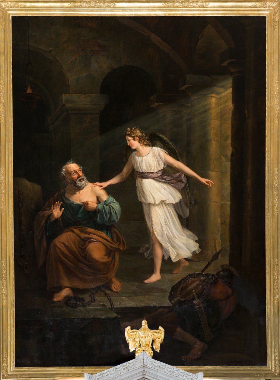 Farní kostel (Nederbrakel, Farní kostel Sint-Pieter-in-de-Banden). Interiér. malování. „Svatý Petr vysvobozen andělem a Tomášem“. Jean-Henri DeCoene. Asi 1835. od Jean Henri de Coene