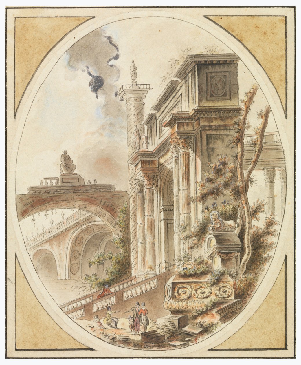 Kresba, Fantazie architektonické ruiny, asi 1770 od Jean Henry Alexandre Pernet